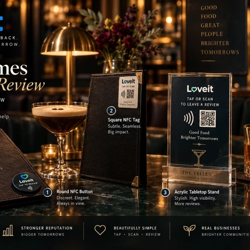 Fictional LoveIt concept pieces arranged on a warm bar counter